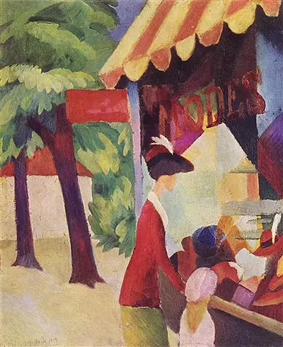 In Front of the Hat Shop Woman with Red Jacket and Child August Macke